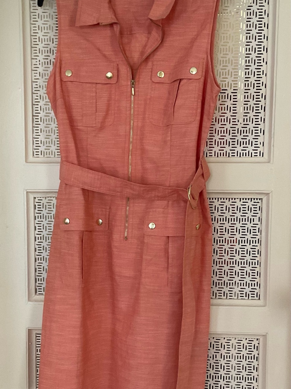Sharagano Coral Zip-Front Midi Shirt Dress with Belt